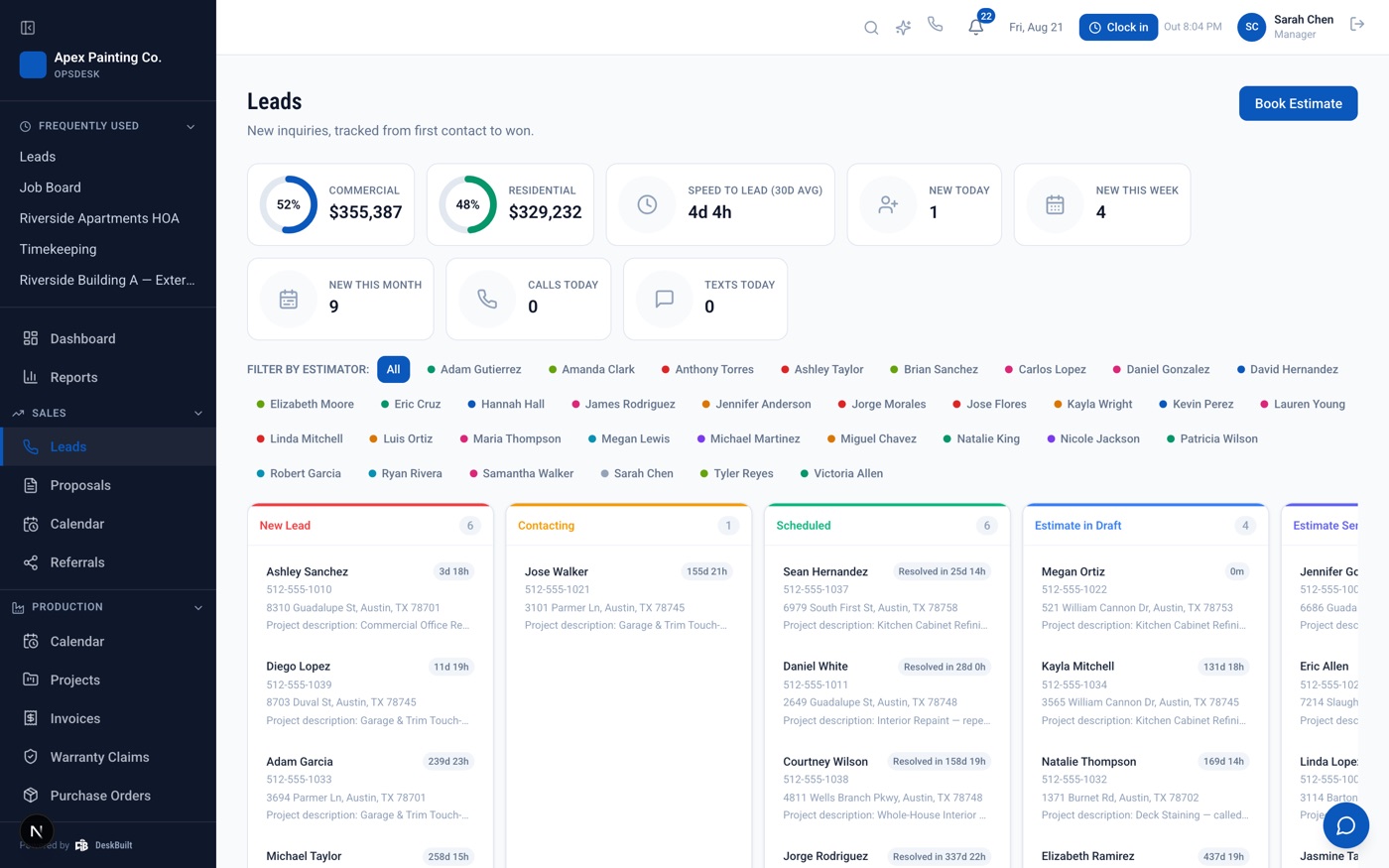 DeskBuilt's Leads pipeline board, real data